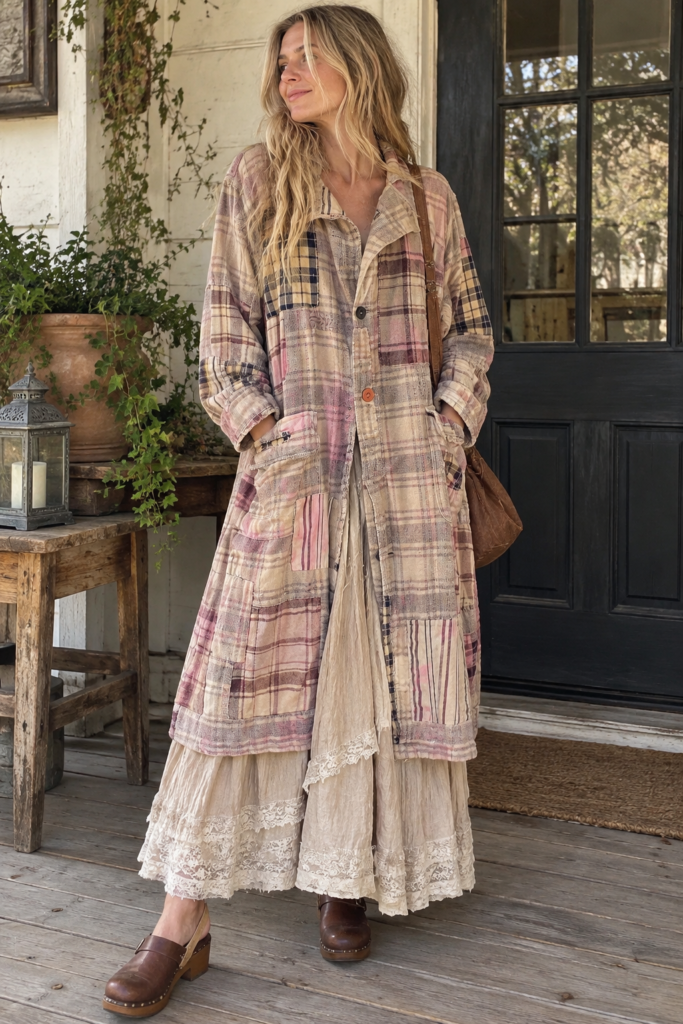 Boho patchwork plaid duster on woman over lace maxi dress, cottagecore fall outfit on rustic porch, clogs and crossbody bag.