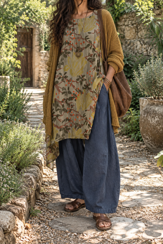 Boho fall outfit: floral tunic, mustard cardigan, wide-leg blue pants and brown sandals on garden stone path.