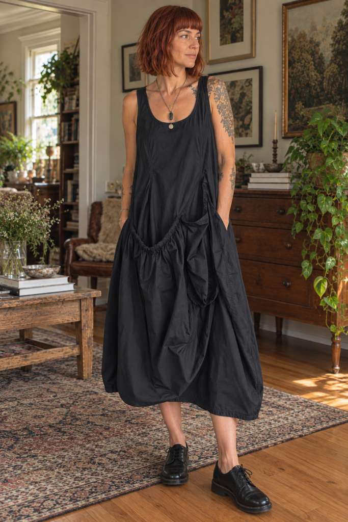 Woman in sleeveless black midi dress with gathered pockets and oxfords, standing in a cozy vintage living room with plants.