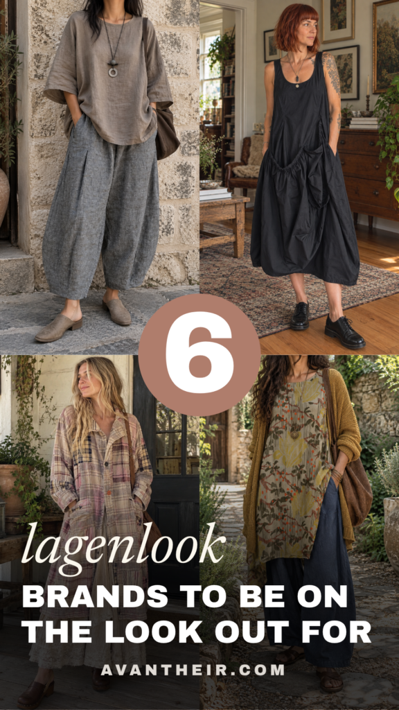 Collage of women in layered boho lagenlook outfits; text reads: 6 lagenlook brands to be on the lookout for, avantheir.com