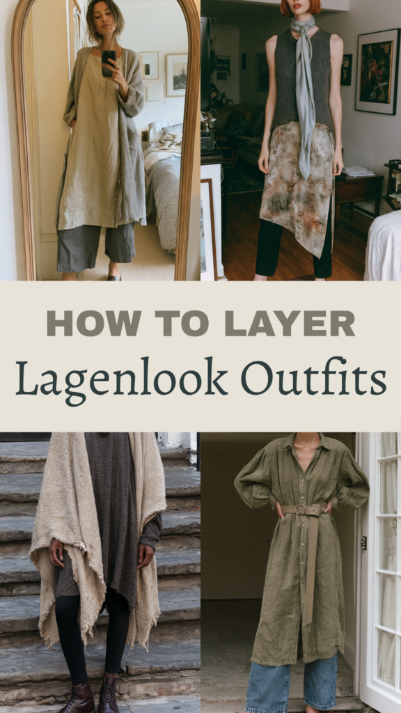 How to layer lagenlook outfits: collage of women’s layered linen looks with cardigans, tunics, scarf, and dress.