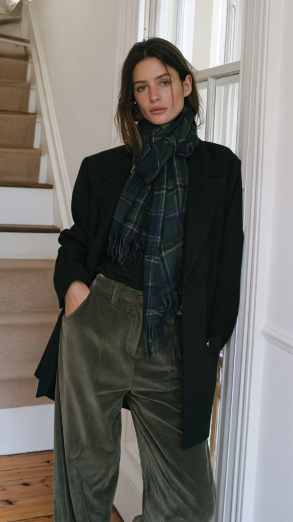 Woman in oversized black blazer, plaid scarf and olive corduroy pants, leaning by staircase — chic fall outfit inspo