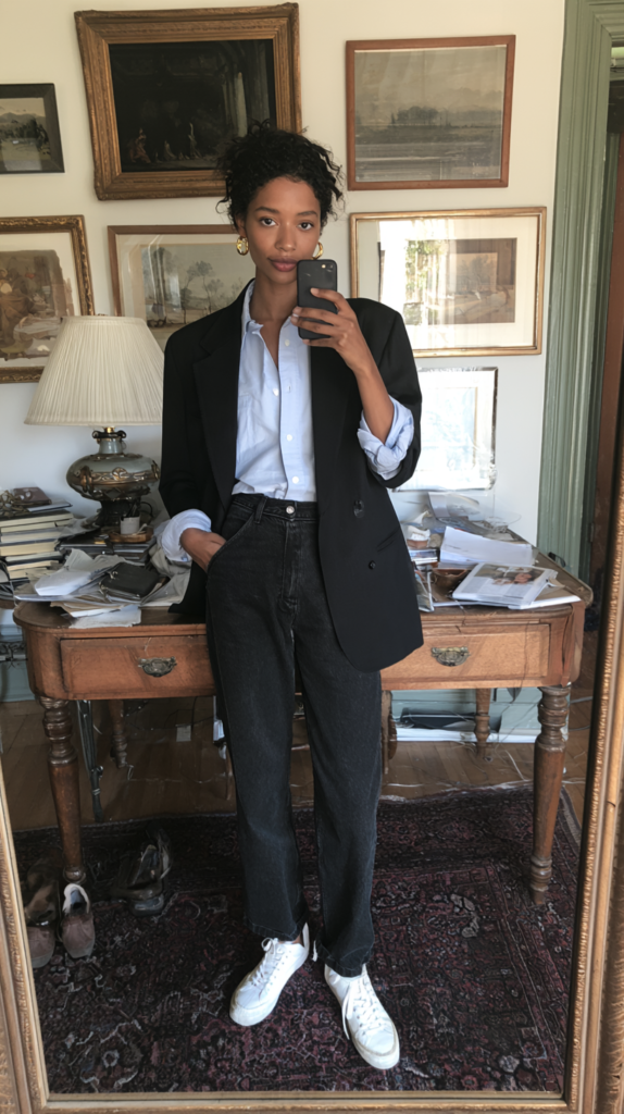 Mirror selfie of woman in black oversized blazer, blue button-down, high-waisted black jeans, white sneakers, vintage office.