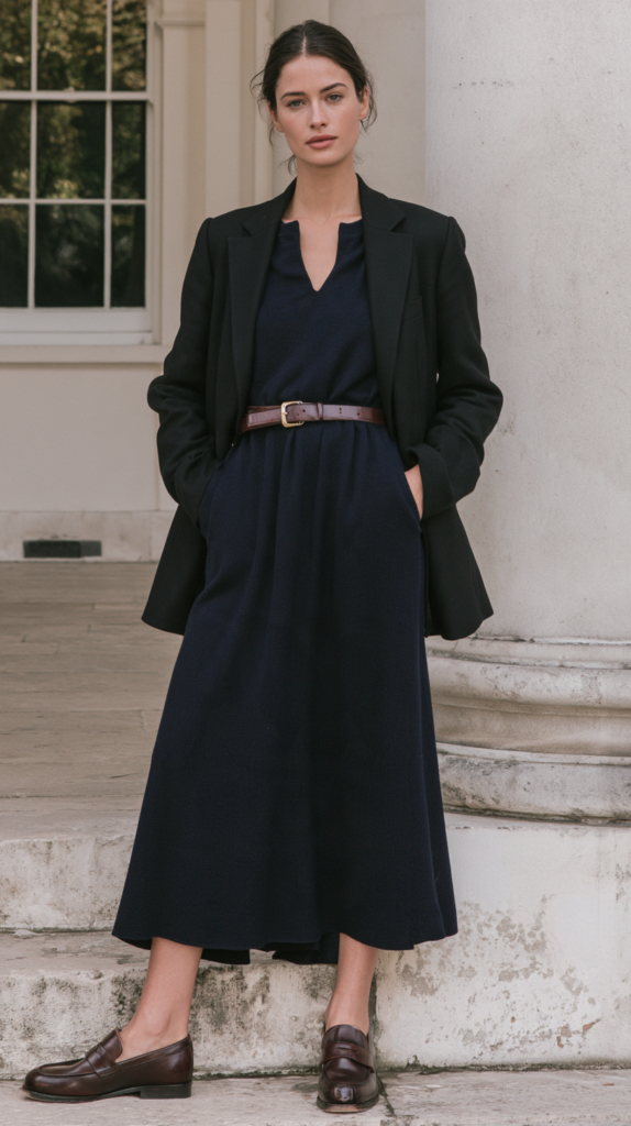 Woman in navy midi dress with black blazer, brown belt and loafers, standing by column; chic fall street style outfit.