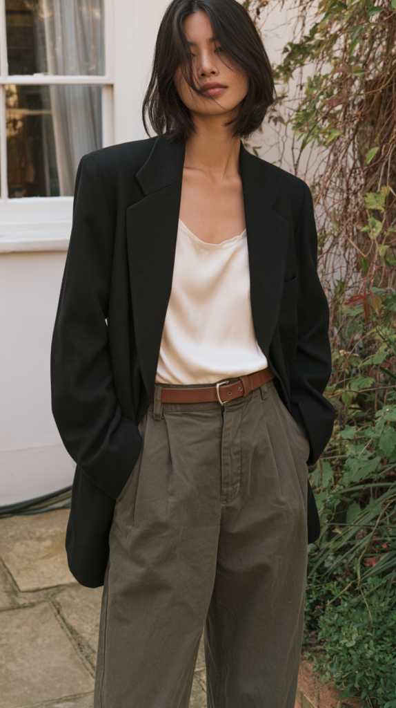 Woman in oversized black blazer, white satin cami, olive high-waist wide-leg pants and brown belt in patio garden