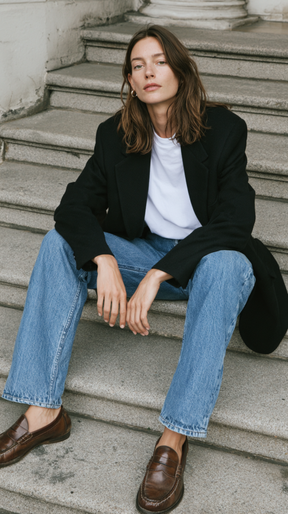 Woman in black blazer, white tee, blue jeans and brown loafers sitting on stone steps, minimalist street style look.