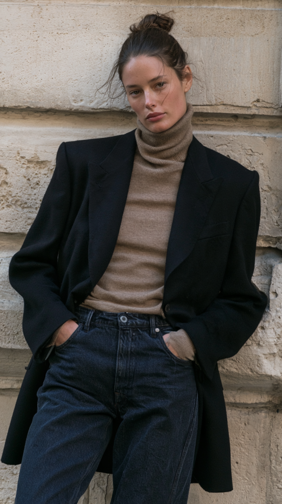Street style: woman in taupe turtleneck, black oversized blazer and high‑waisted dark jeans against stone wall, fall fashion