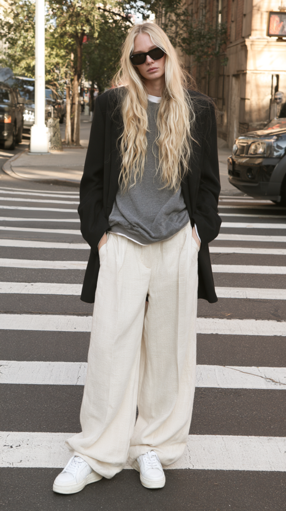 Street style: person in black blazer, gray sweatshirt, wide-leg cream trousers and white sneakers on city crosswalk.