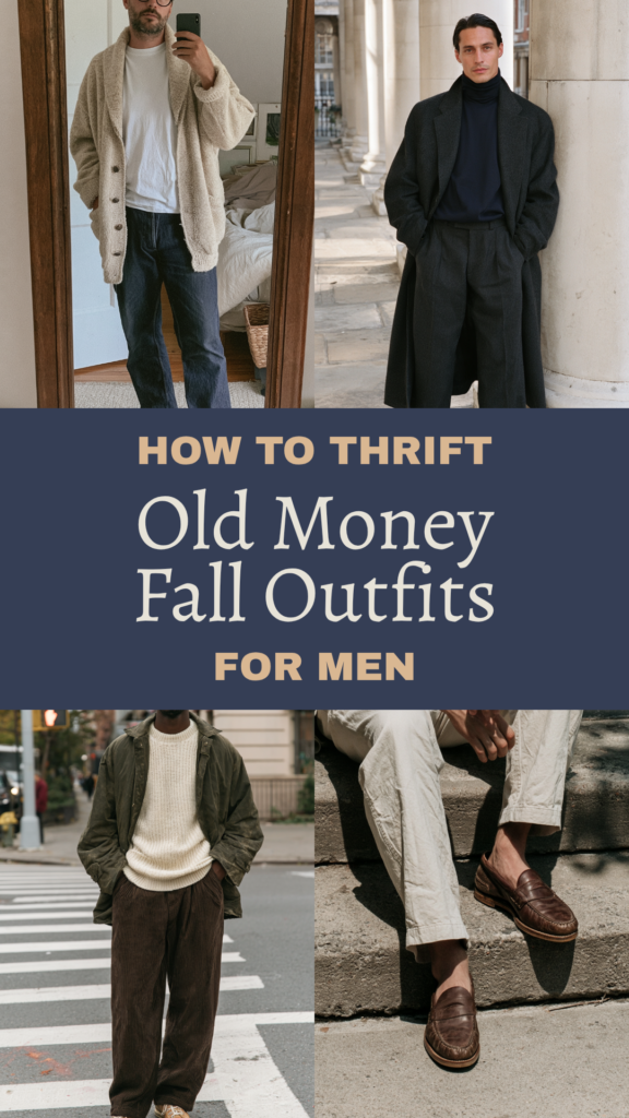 How to thrift old money fall outfits for men: cardigans, wool overcoats, corduroys and leather loafers.