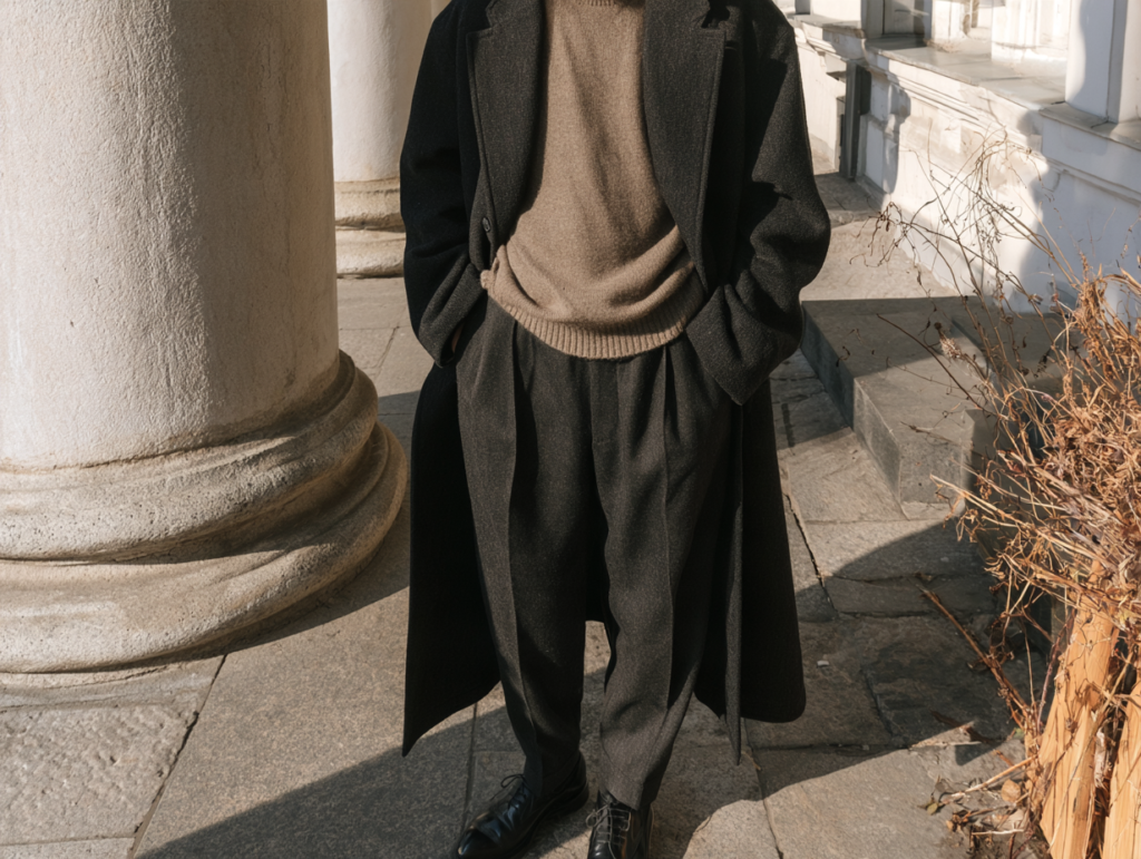 Street style: person in black wool overcoat, taupe sweater, pleated trousers by stone columns, fall menswear outfit.
