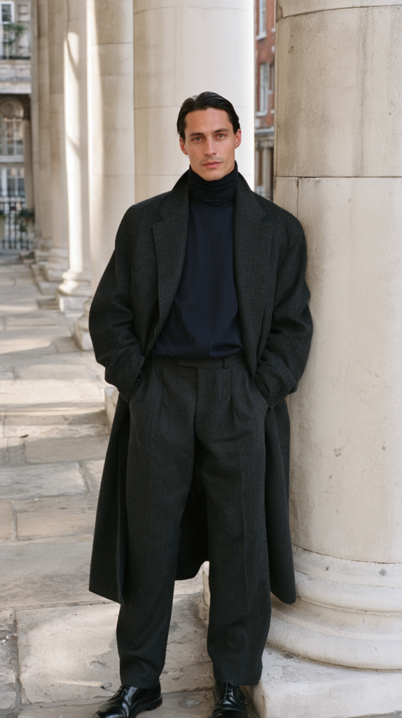 Elegant man in charcoal overcoat, navy turtleneck and pleated trousers by stone columns; menswear fall street style.