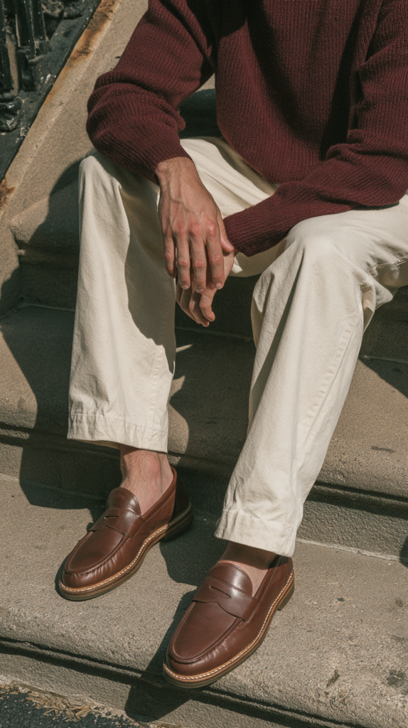 Close-up of man on steps wearing brown leather penny loafers, cream chinos and a burgundy sweater
