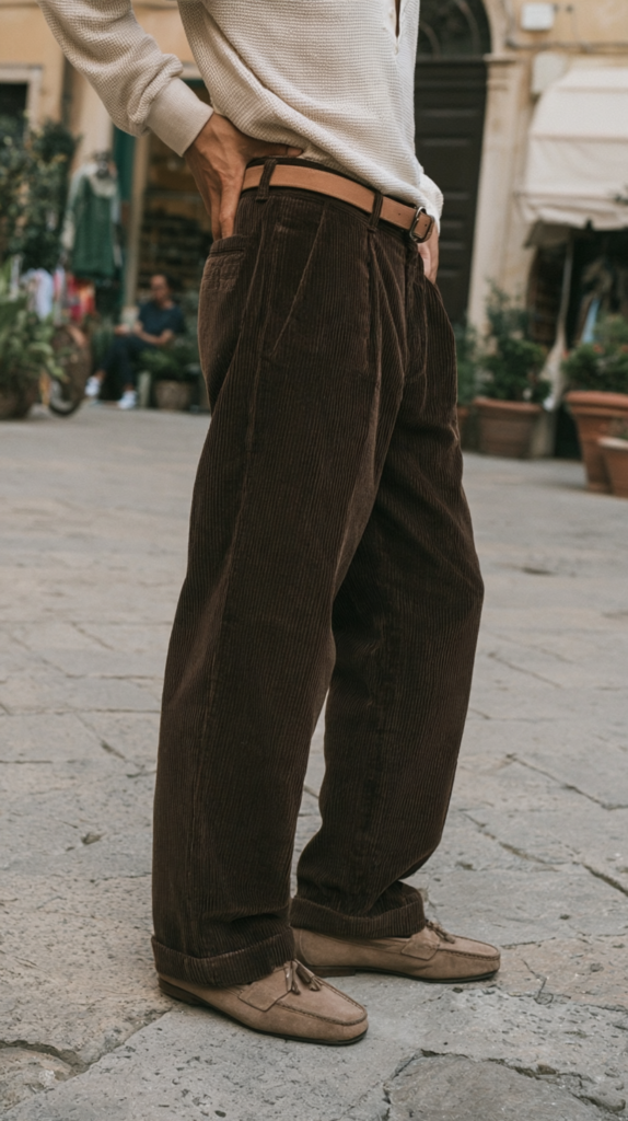 Men's brown corduroy pants with tan belt and suede loafers, street style on cobblestone, casual fall outfit close-up.