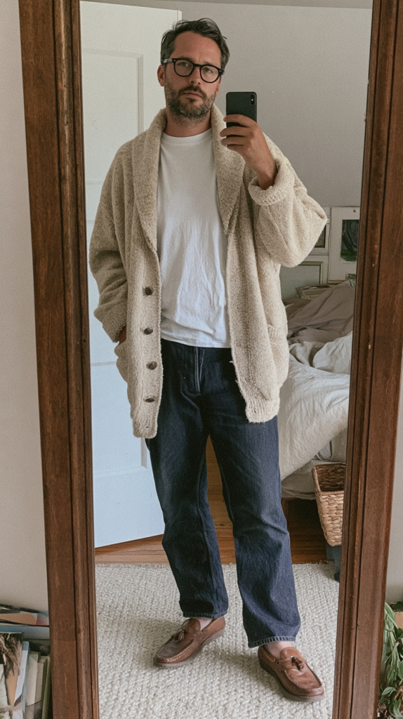 Mirror selfie of man in beige sherpa cardigan, white tee, dark jeans, and brown loafers in cozy bedroom; casual fall outfit.
