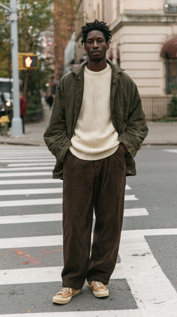 Men's fall street style: olive jacket, cream knit sweater, brown corduroy pants and tan sneakers at city crosswalk.