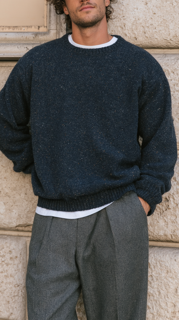 Man in navy speckled wool sweater over white tee with gray pleated trousers, leaning on stone wall, fall menswear style