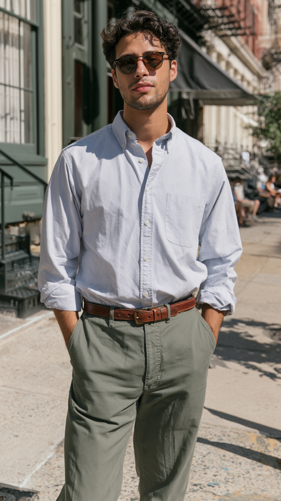 Stylish man in sunglasses wearing light blue oxford shirt and olive chinos on a sunny city sidewalk, casual street style.
