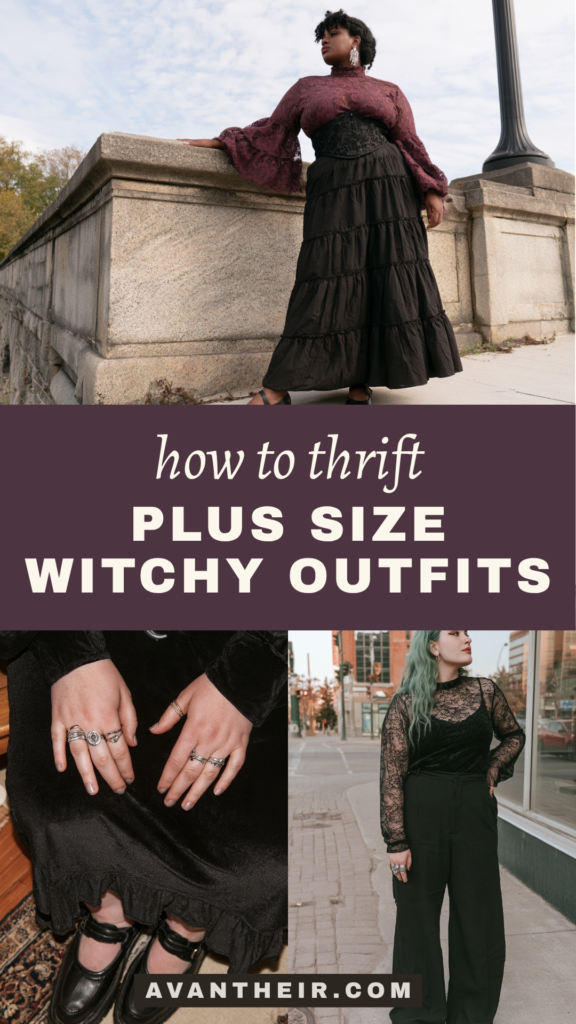 How to thrift plus-size witchy outfits: gothic lace tops, black skirts and rings styling for curvy fashion.