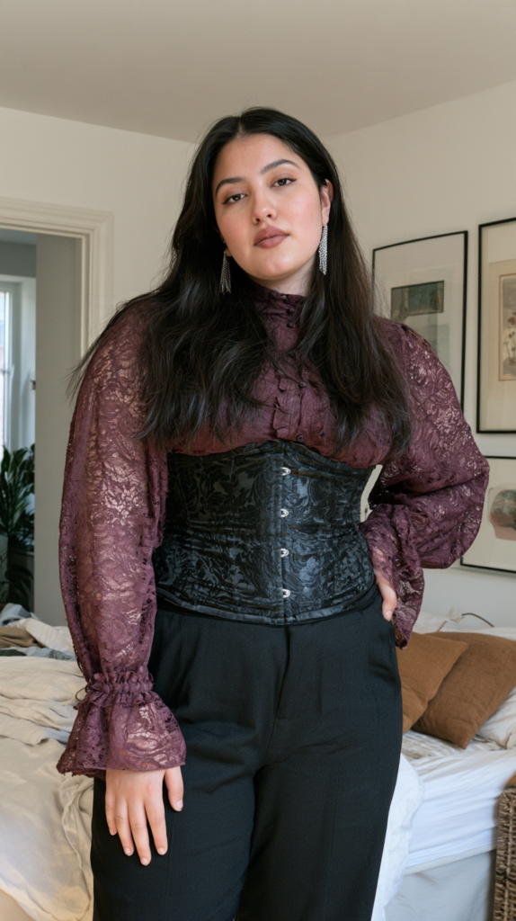 Woman in burgundy lace blouse and black brocade corset, black trousers, posing for gothic Victorian outfit inspiration