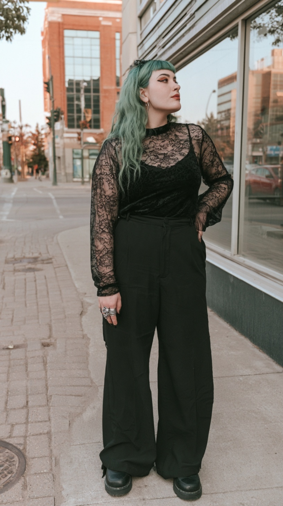 Edgy street style: person with green hair in black lace top, wide-leg trousers and platform shoes standing on city sidewalk.
