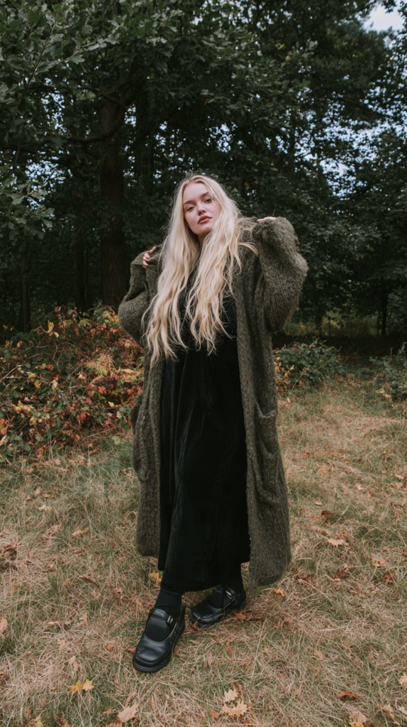 Woman in chunky olive knit cardigan and black dress posing in autumn forest, fall fashion style