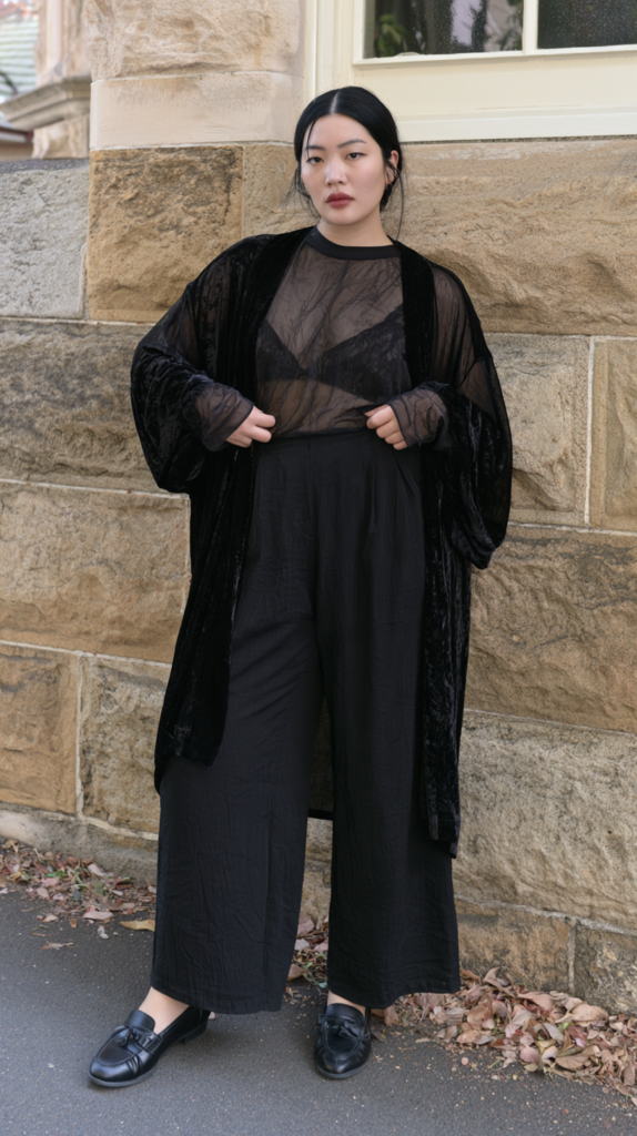 Monochrome street fashion: person in all-black sheer top, velvet kimono, wide-leg pants and loafers by a stone wall