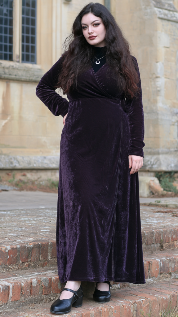 Model in dark purple velvet wrap maxi dress with crescent moon necklace, standing on stone steps outside historic building