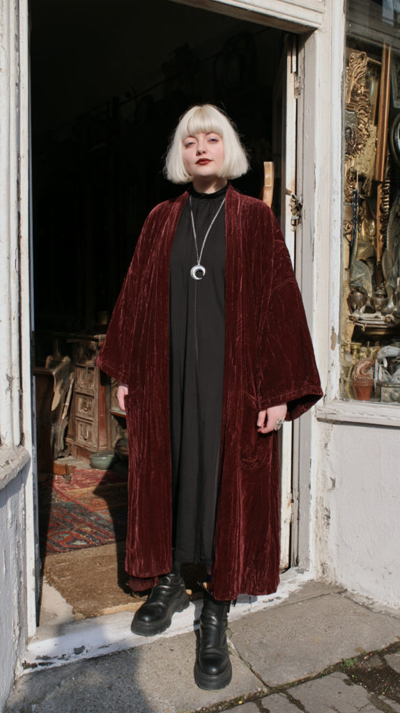 Street style: person in burgundy velvet duster, black dress and boots, with crescent necklace at antique shop entrance.