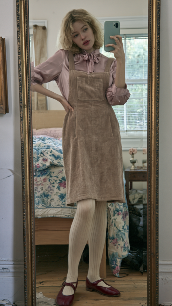 Mirror selfie of person in beige corduroy pinafore, pink bow blouse, cream tights, red Mary Janes in cozy bedroom