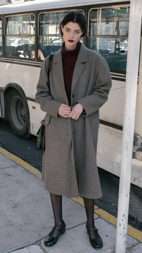 Street style: woman in oversized gray wool coat and burgundy turtleneck at bus stop, black Mary Jane flats and tights.