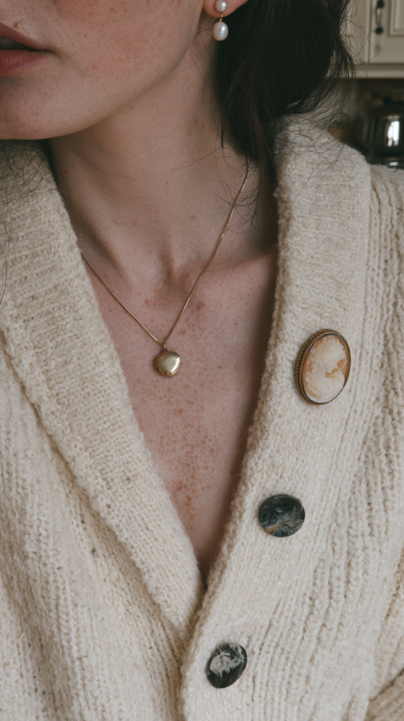 Cozy cream cardigan with vintage cameo brooch, gold locket necklace, and pearl drop earrings on neck close-up.