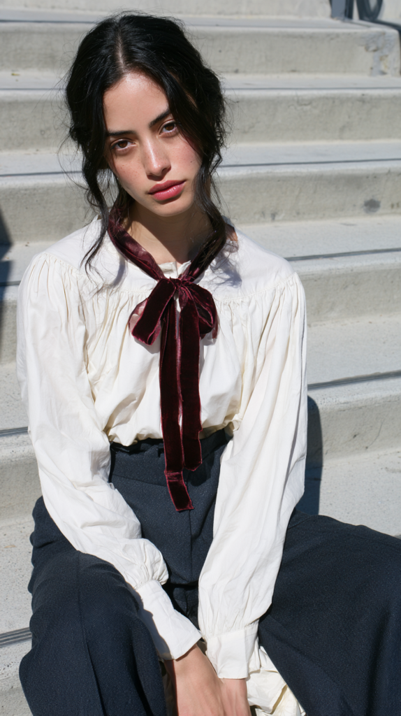Street style: woman in white blouse with burgundy velvet bow and navy trousers sitting on concrete steps, minimalist fashion