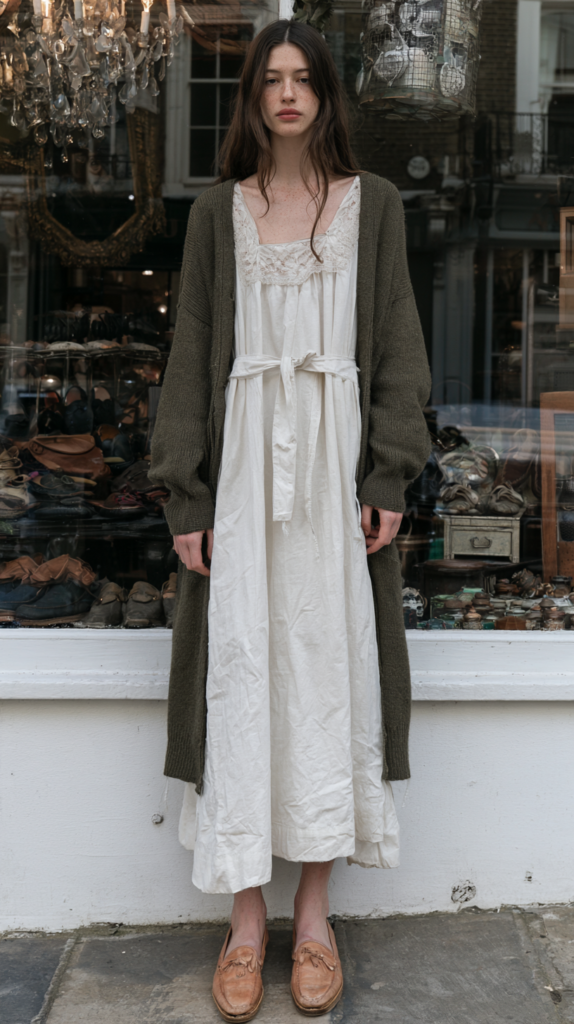Model in white lace-trim maxi dress and olive cardigan, tan loafers, standing by vintage shop window; boho street style look.