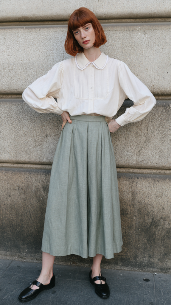 Red-haired model in white Peter Pan collar blouse and sage pleated midi skirt with black Mary Jane flats, street style look.