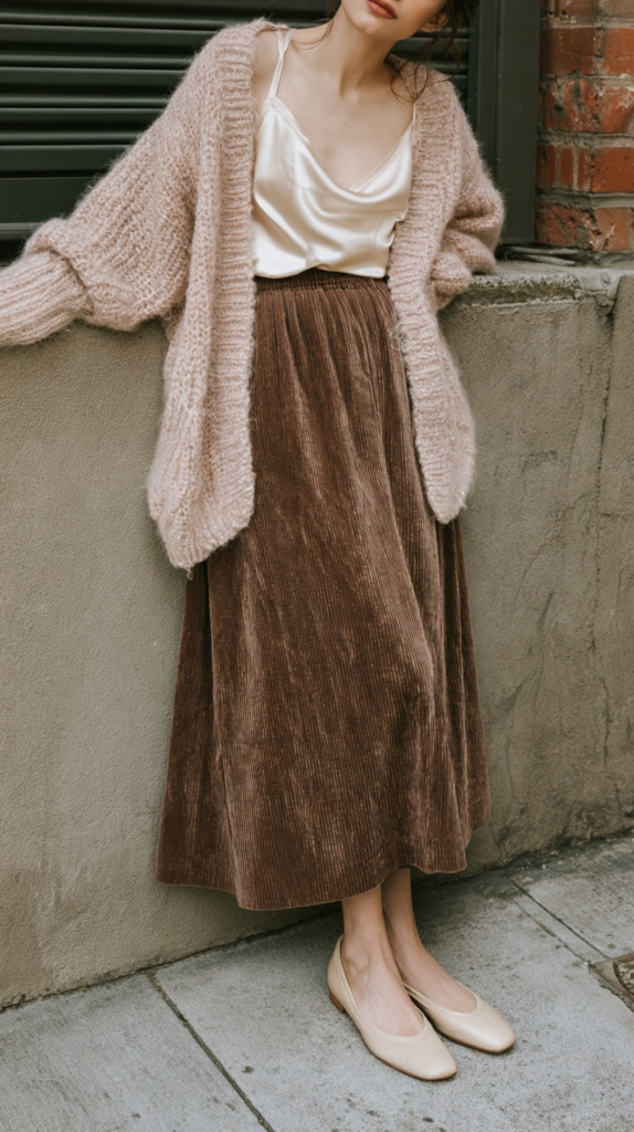 Cozy fall outfit: chunky blush cardigan, satin camisole, brown corduroy midi skirt and nude flats, street style.