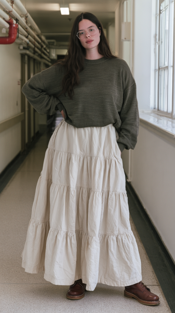 Fashion outfit: person in olive sweater, tiered boho cream maxi skirt, brown boots and glasses posing in bright hallway