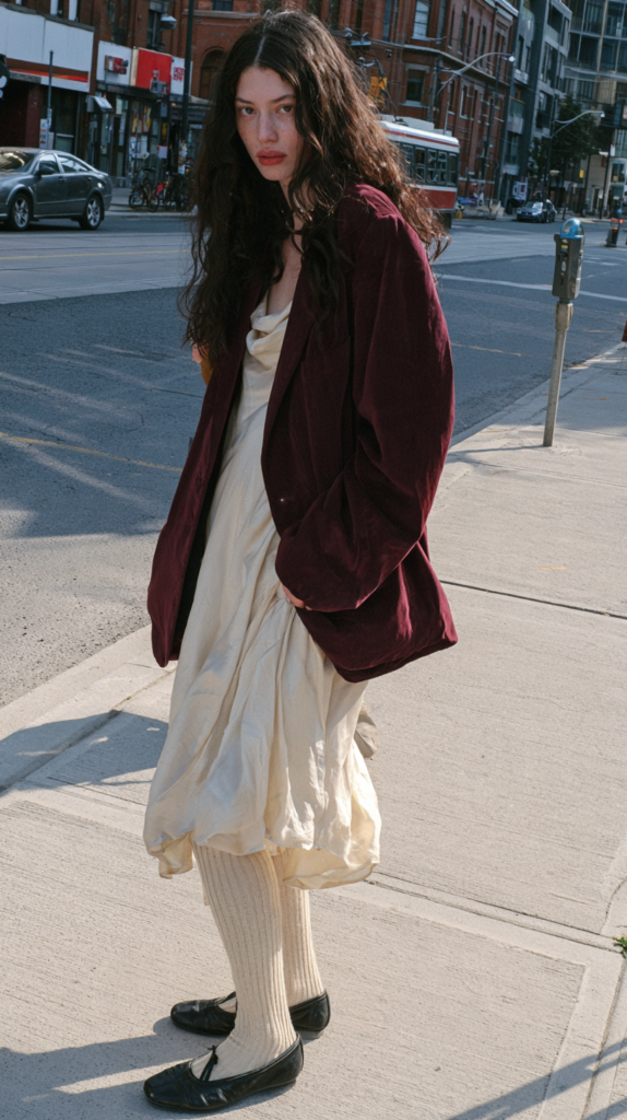 Street style: model in cream satin dress, burgundy oversized blazer, knee-high socks and flats walking on city sidewalk.