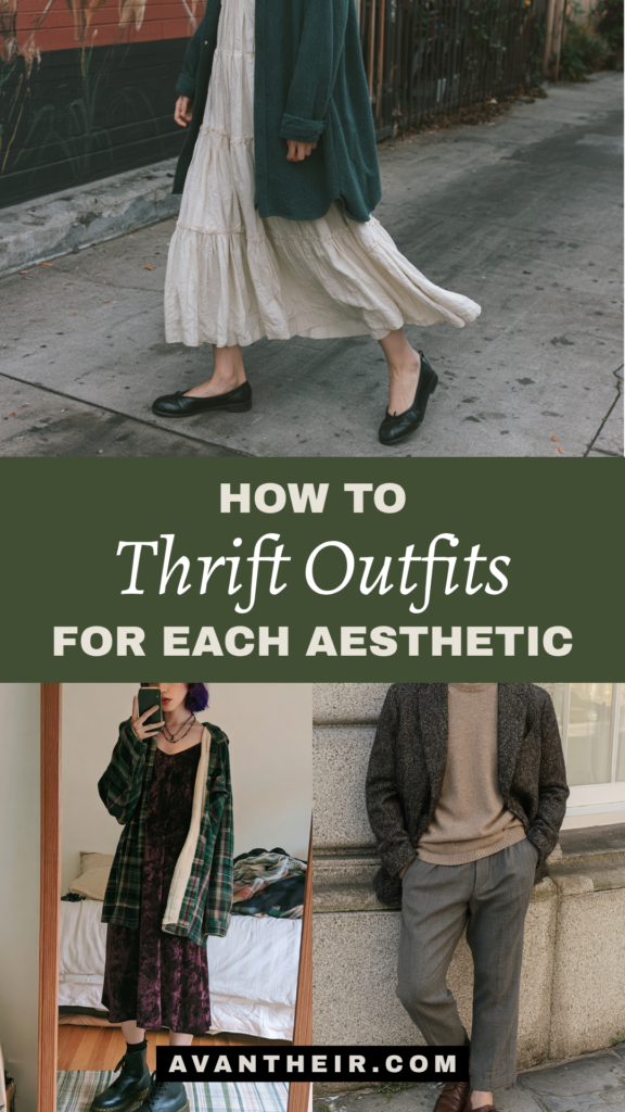 thrifted-aesthetic-outfits How to thrift outfits for each aesthetic: collage of vintage dress, grunge layers, and smart-casual blazer style guide.