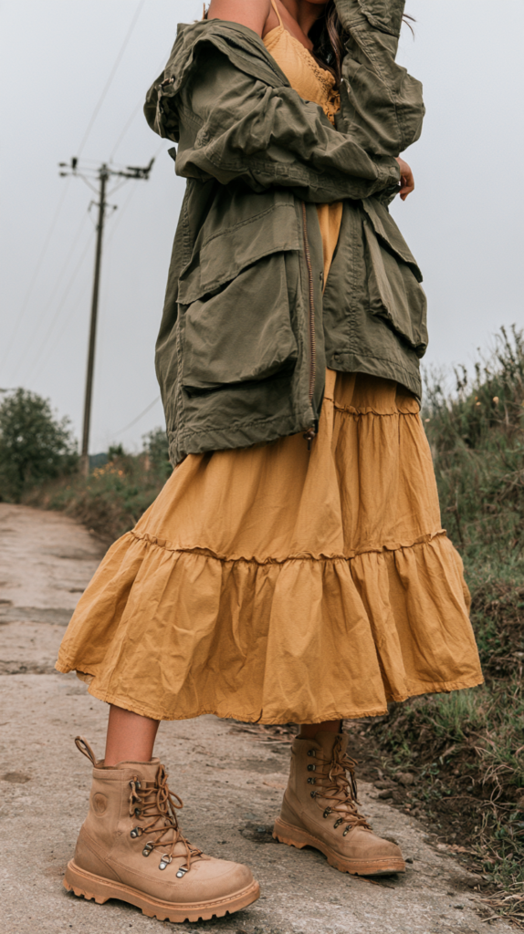 thrifted-aesthetic-outfits-outdoors Boho mustard maxi dress with olive utility jacket and tan combat boots on a country road, fall outdoor fashion look.