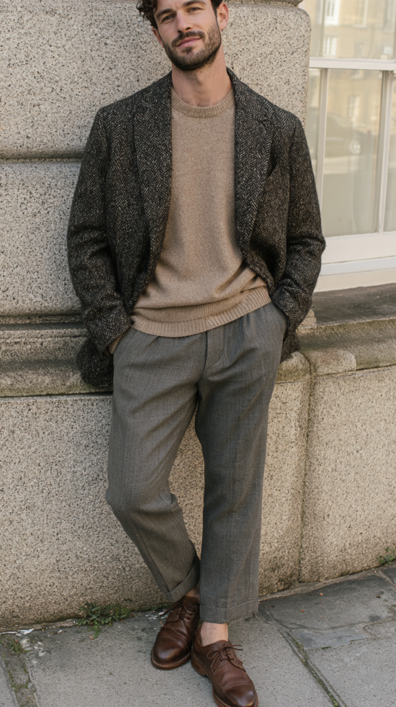 thrifted-aesthetic-outfits-structured Man in tweed blazer and beige sweater, gray trousers, brown leather shoes, leaning on stone wall; men's fall street style.