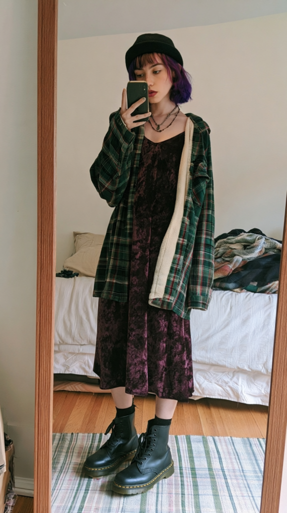 thrifted-aesthetic-outfits-whimsigoth Mirror selfie grunge outfit: purple velvet midi dress, green plaid flannel jacket, combat boots, black hat, layered chains.