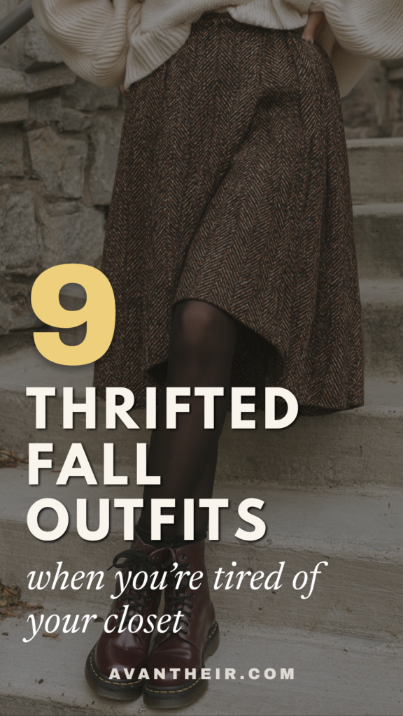 9 thrifted fall outfits guide: cozy sweater, tweed skirt, black tights and burgundy boots on stone steps