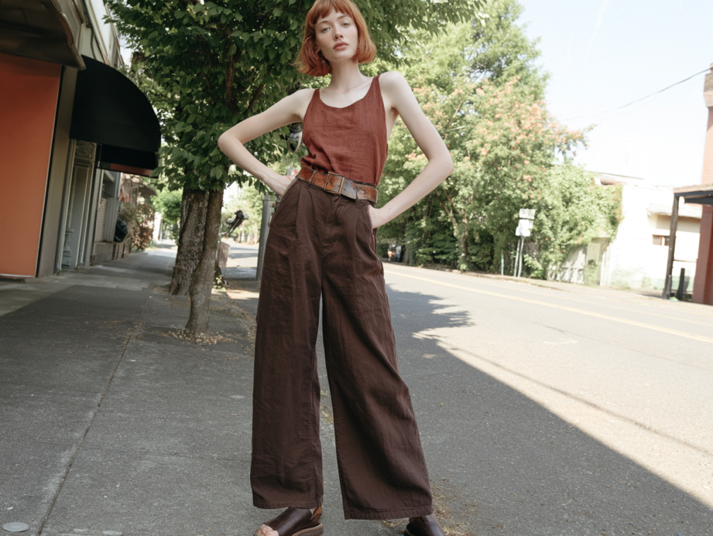 Women’s rust tank top and high-waisted wide-leg brown pants with belt, summer street style on city sidewalk