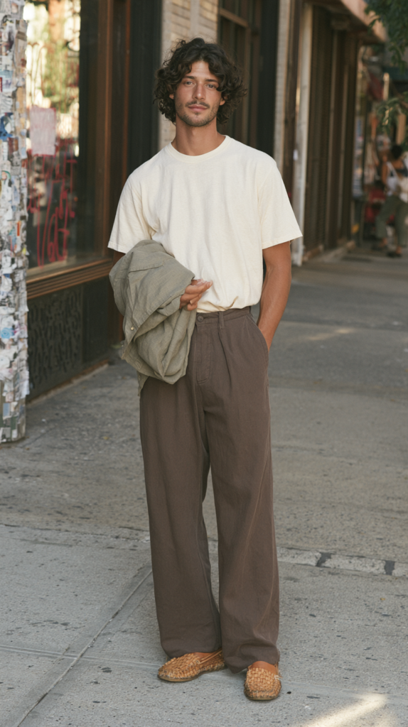 Men's street style: white tee, brown wide-leg pants, woven sandals, holding green jacket on urban sidewalk, summer outfit.