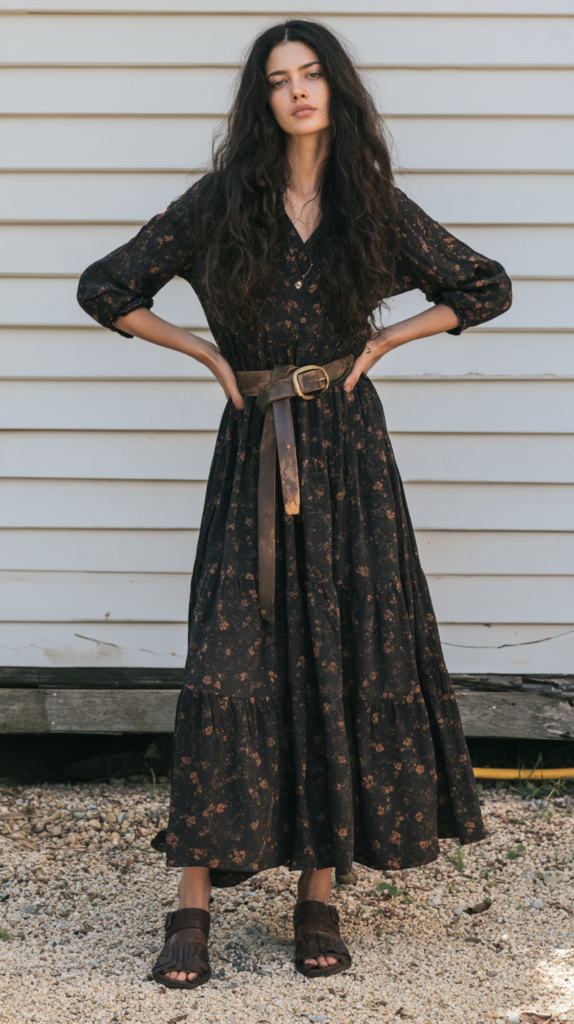 Model in black floral boho maxi dress with brown leather belt and sandals, standing outdoors against siding.