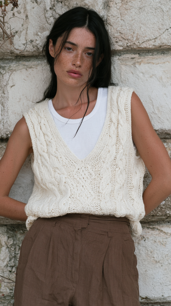 Woman in cream cable‑knit sweater vest over white tank and brown high‑waist trousers, posing against rustic stone wall