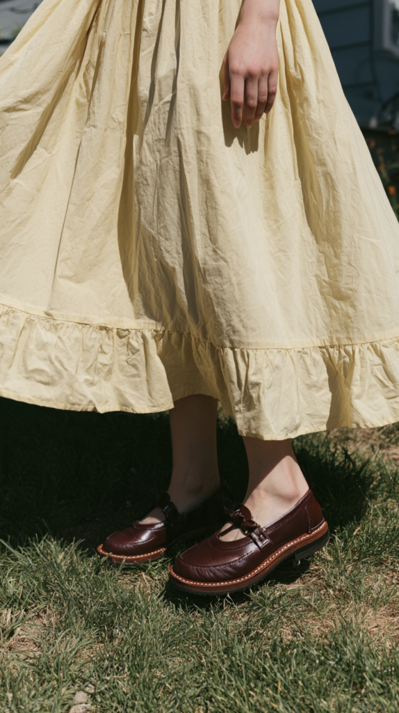 Person in yellow ruffled midi dress wearing burgundy leather Mary Jane shoes, standing on grass outdoors