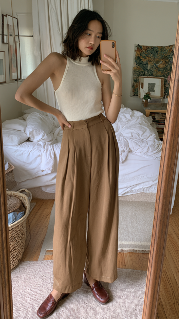 Minimalist outfit mirror selfie: white sleeveless knit top, high-waisted brown wide-leg pants, loafers, cozy bedroom setting.