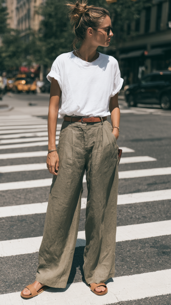City street style: white tee with high-waist wide-leg linen pants, brown belt and sandals at crosswalk.