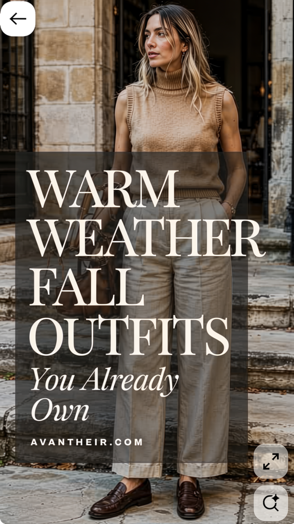 Warm weather fall outfit: woman in sleeveless turtleneck, wide-leg trousers and loafers on steps—transitional neutral style.